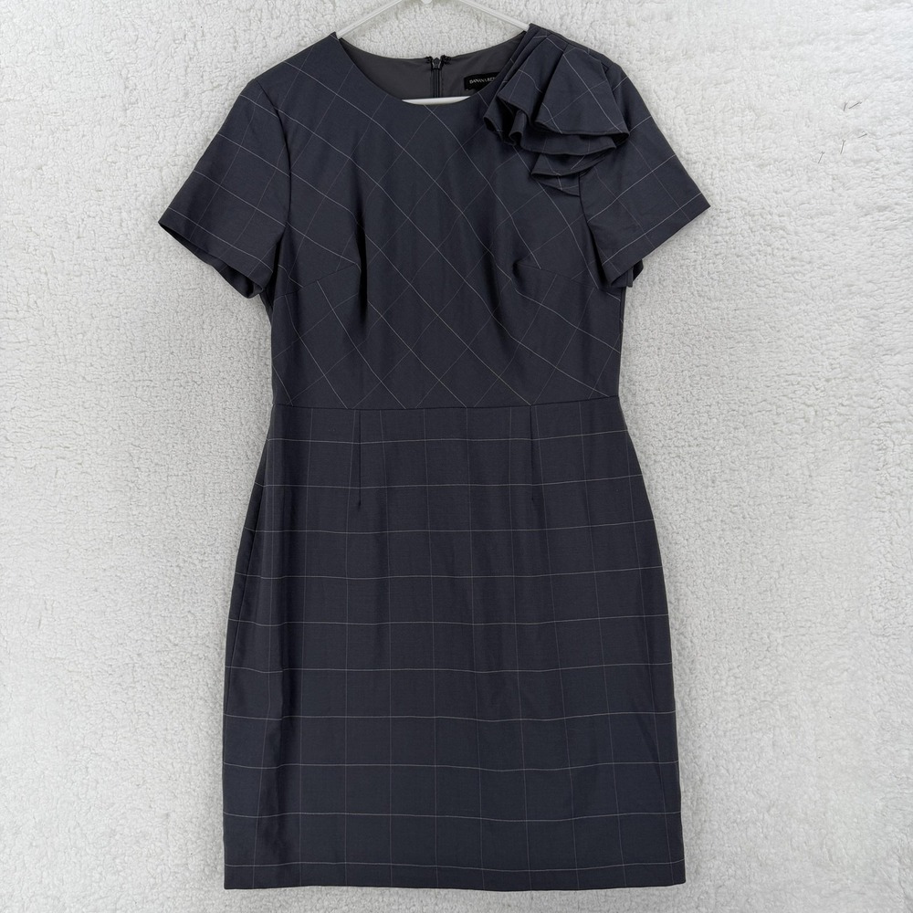 Banana Republic Dress Womens 12P Gray Plaid Ruffle‎ Shoulder Short Sleeve Sheath